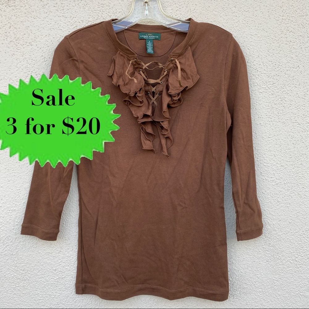 LRL top ruffle lace up long sleeve stretch LAUREN JEAN CO. Brown Shirt brown S